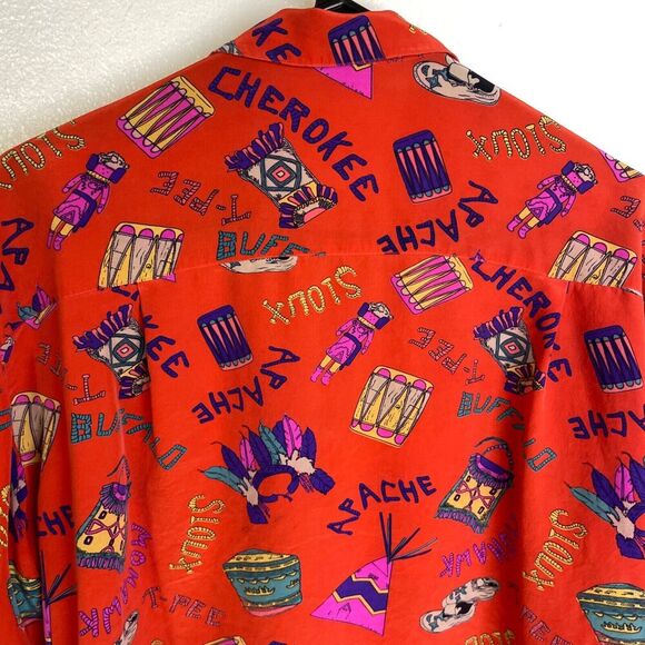 Womens Long Sleeve Silk Shirt Large Red Button Up Tribes Native American Sioux - Picture 5 of 11